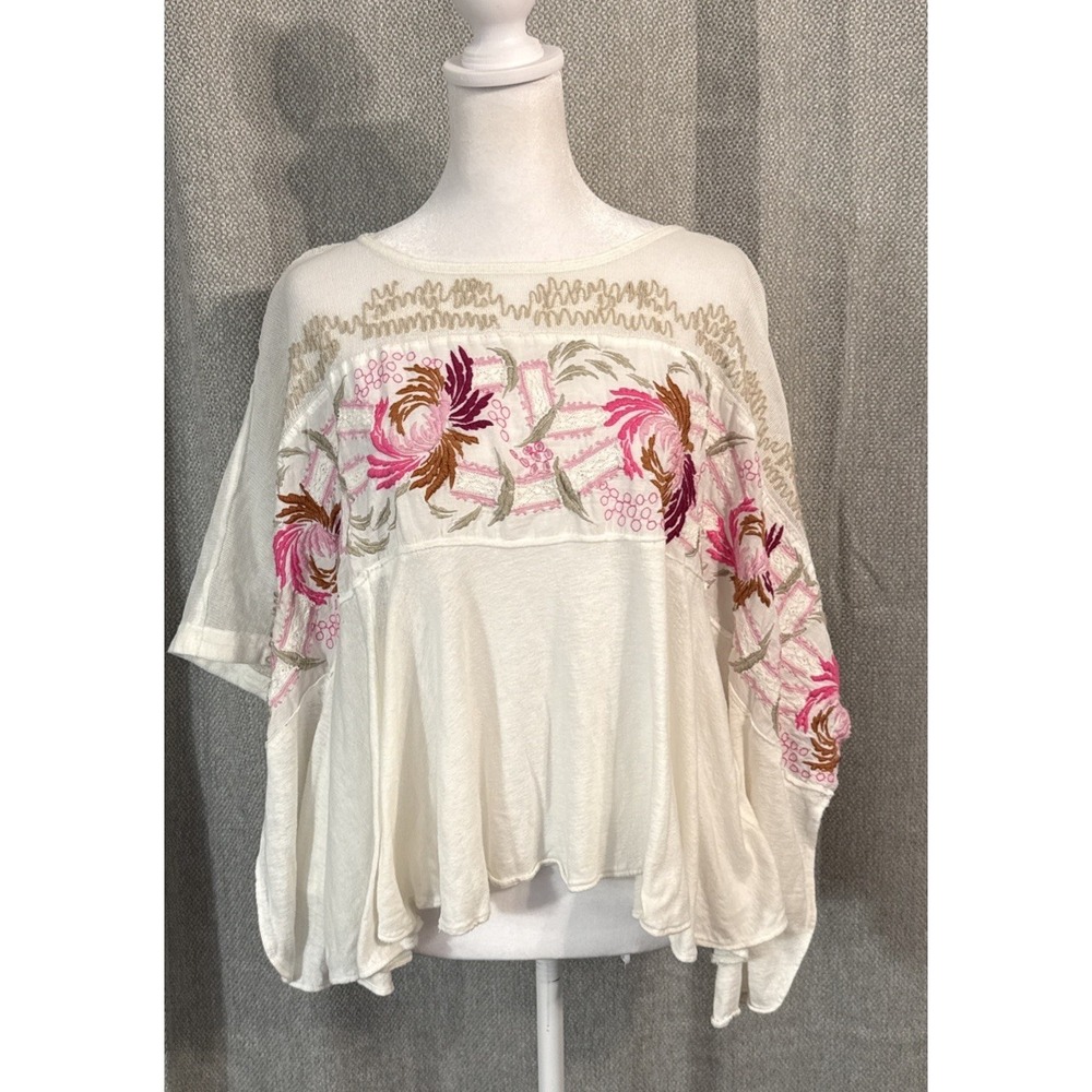 Free People Love Letter Embroidered Top Women's Size CS Oversized Boho Ivory - Picture 3 of 12